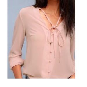 Lulu’s sheer pink, long sleeve button down blouse